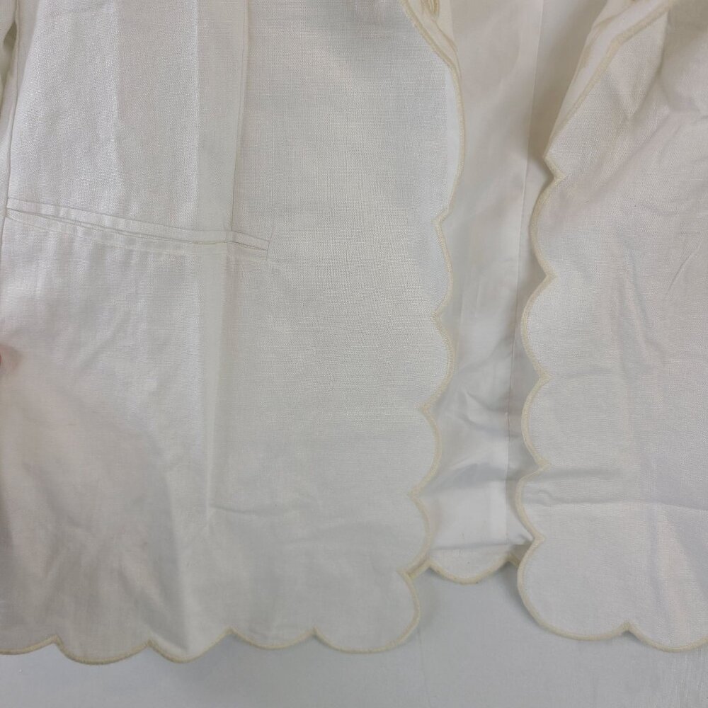 New Joie White Linen Blend Scalloped Blazer Floral Embroidery Open Front SZ M - Picture 2 of 10